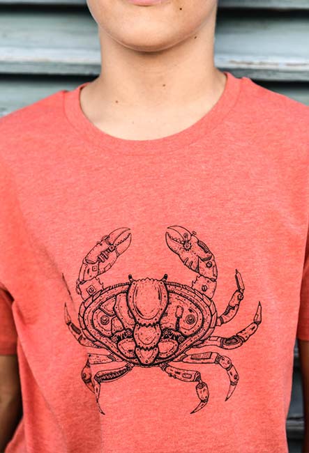 Crabe Mécanique - Tee-shirt - Sérigraphie artisanale - île de la Réunion - Coton 100% Biologique - Équitable - Dessin by Sasha