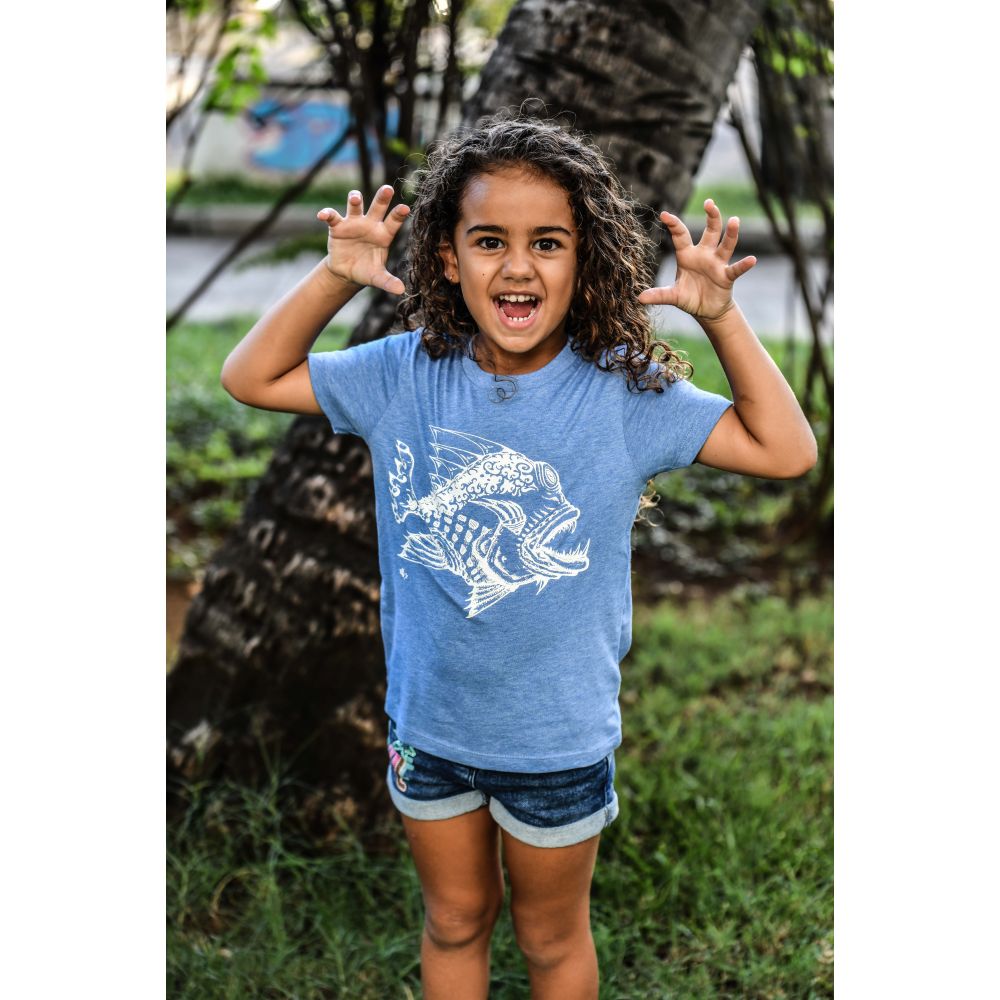 TEE-SHIRT / MINI CREATOR /MID HEATHER BLUE / BLANC / POISSON MECHANT