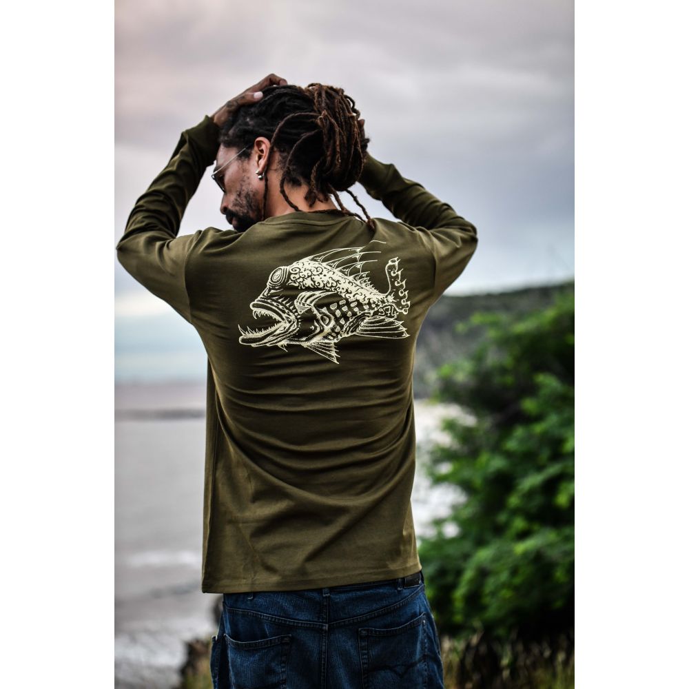 TEE-SHIRT MANCHES LONGUES / SHIFT DRY / BRITISH KHAKI / VINTAGE WHITE / POISSON MECHANT